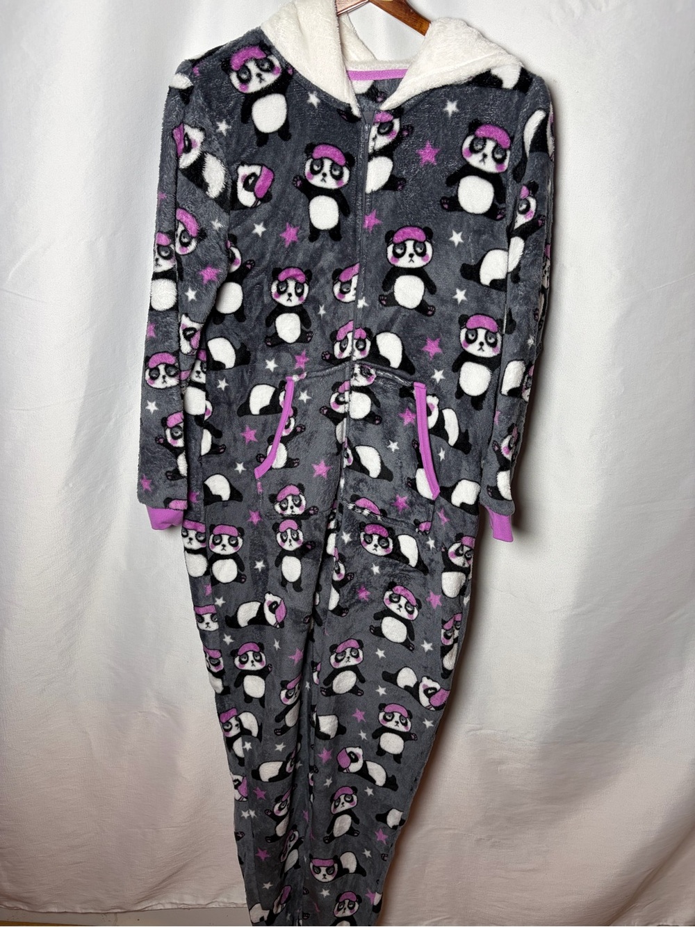 Holiday Time Gray and Pink Panda Hooded Kids Onesie Pajama